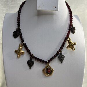 Vintage Robert Rose Signed Necklace Dark Red Glass Beads Unique Gold T Charms .